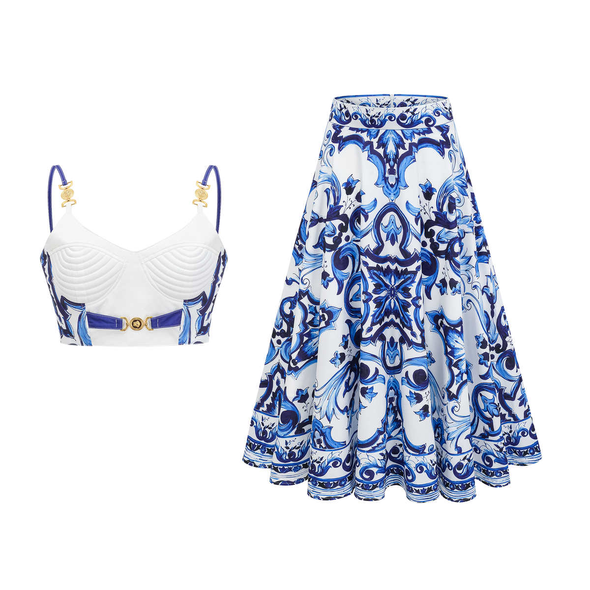 A matching set with a blue and white graphic printed top and skirt. The top has a V-neck, sleeveless design with spaghetti straps and gold-tone hardware.