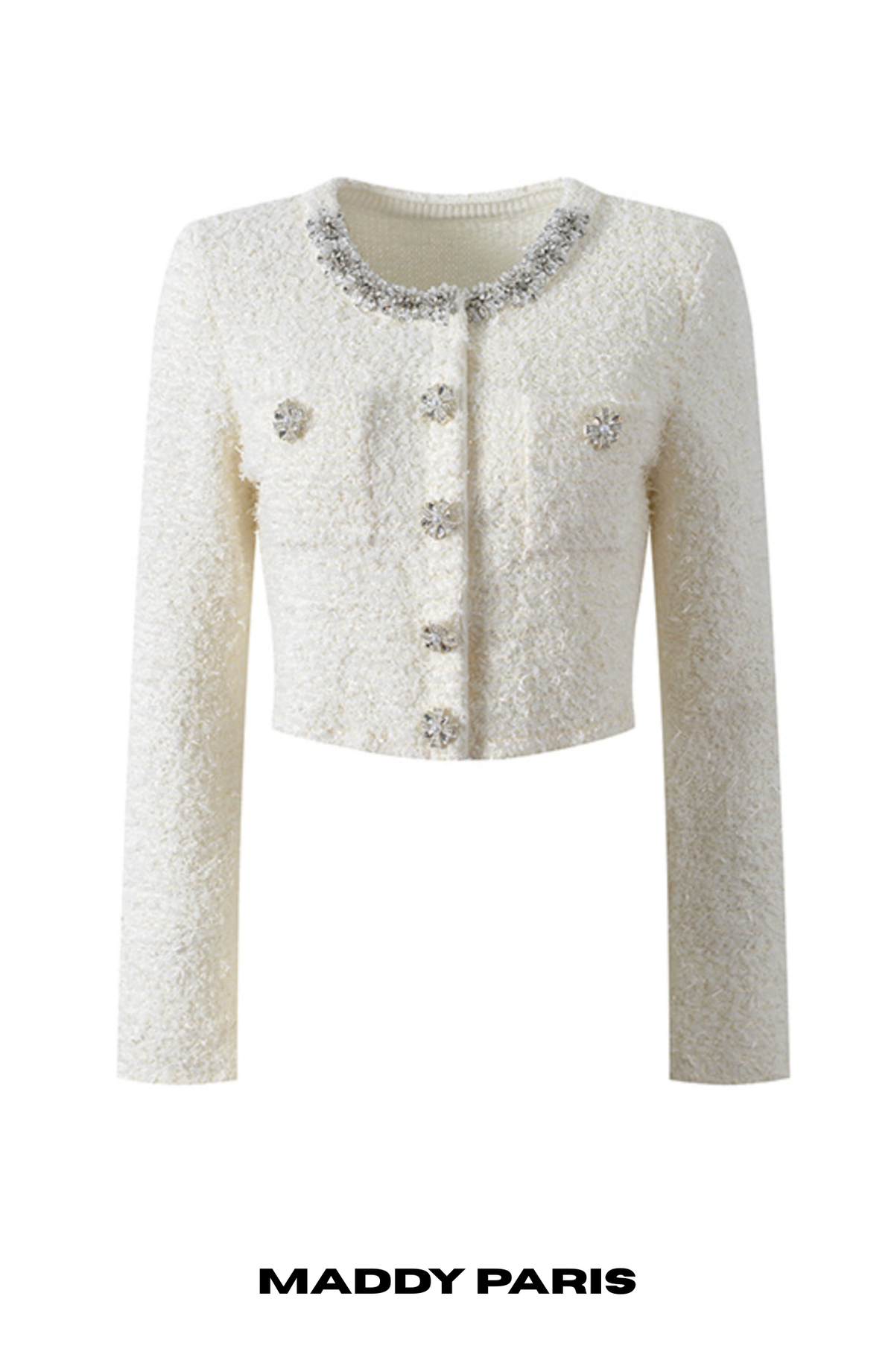 CHLOE  CREAM BOUCLÉ KNIT CROPPED CARDIGAN WITH CRYSTAL BUTTONS - WHITE