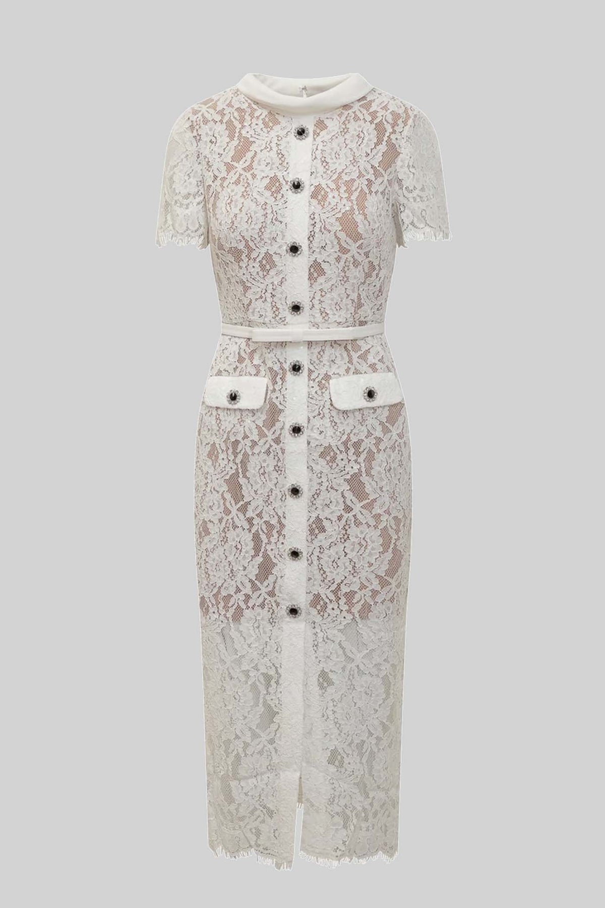 Elegant Short Sleeve Lace Dress With Matching Waist Belt - White