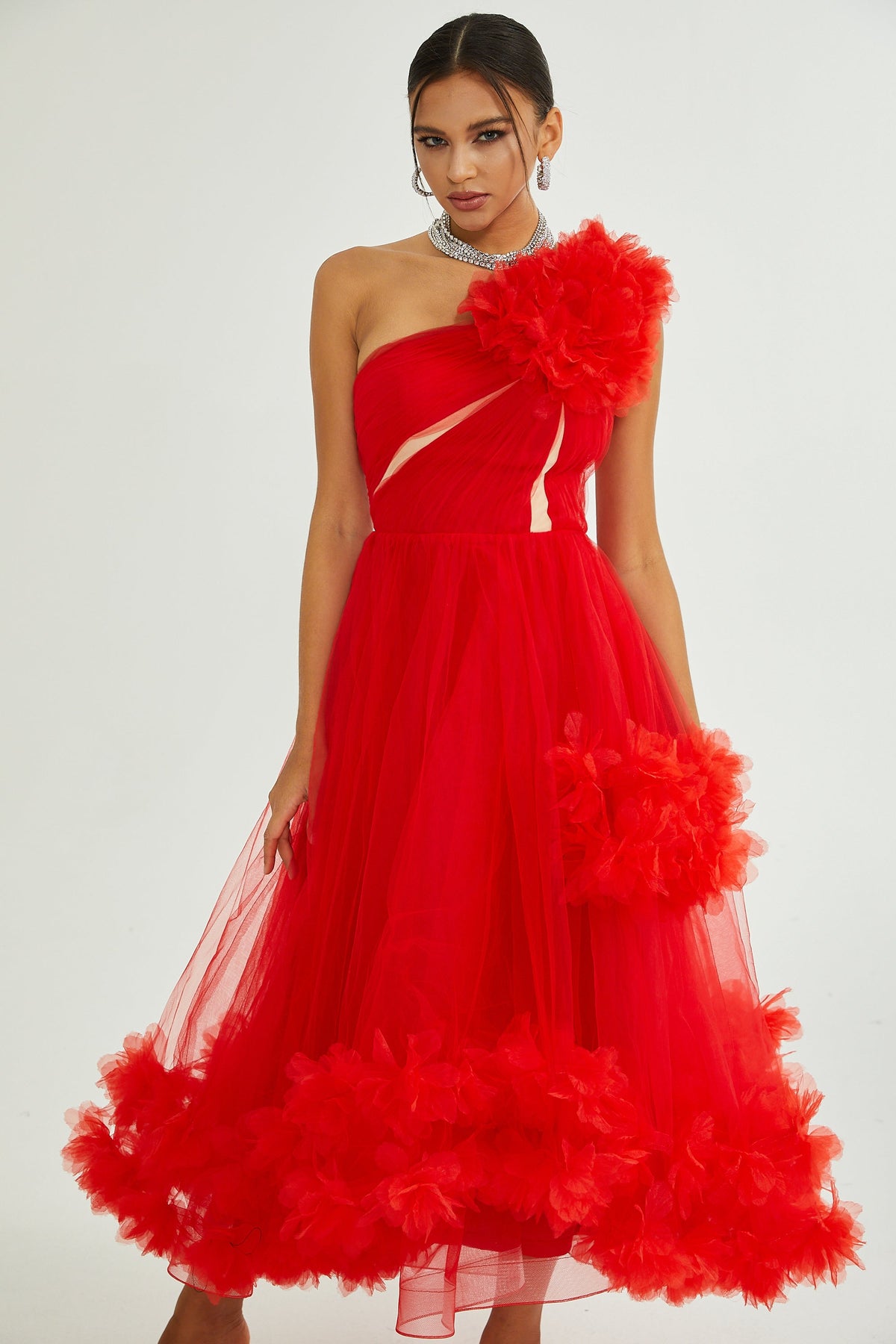 Victoire tulle-panelled midi dress