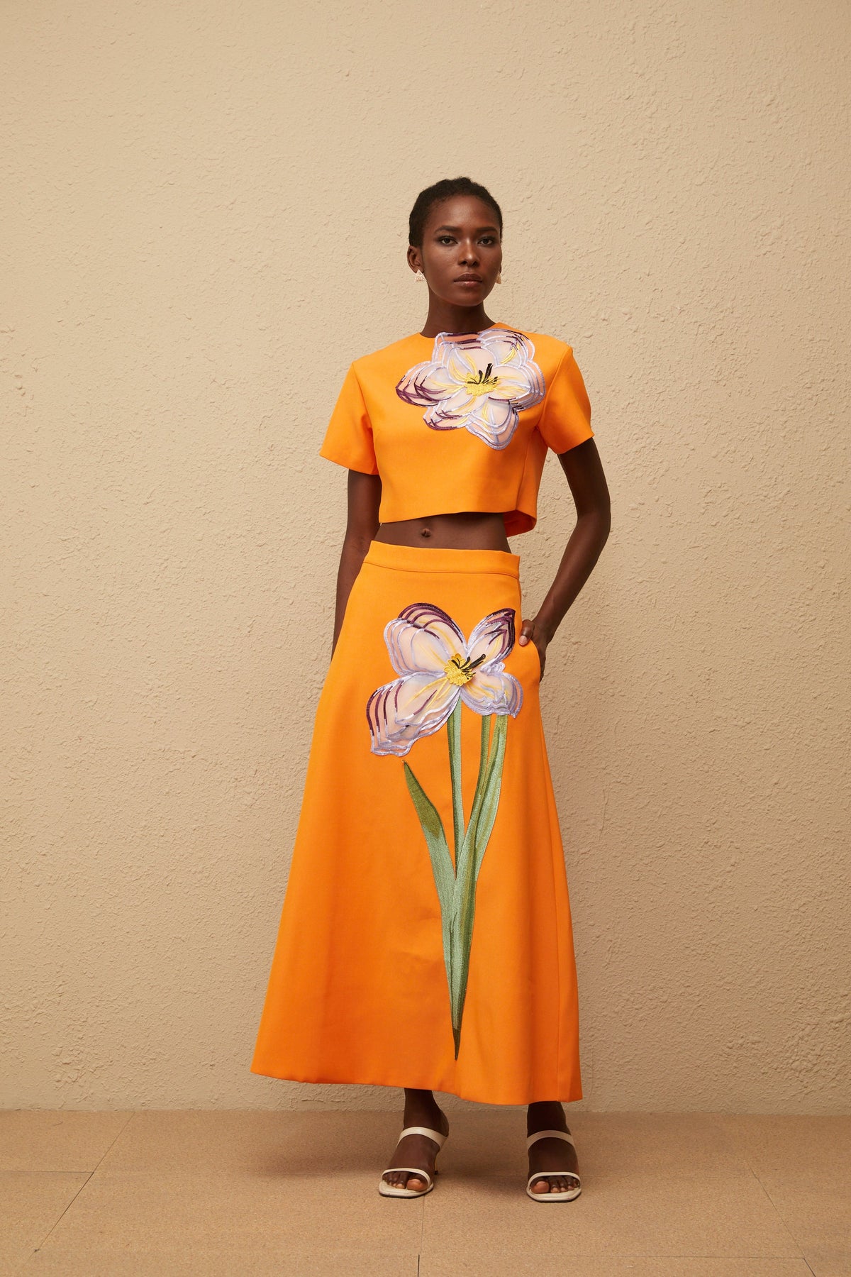 Irène Orange Sequin Floral Embroidered Matching Set