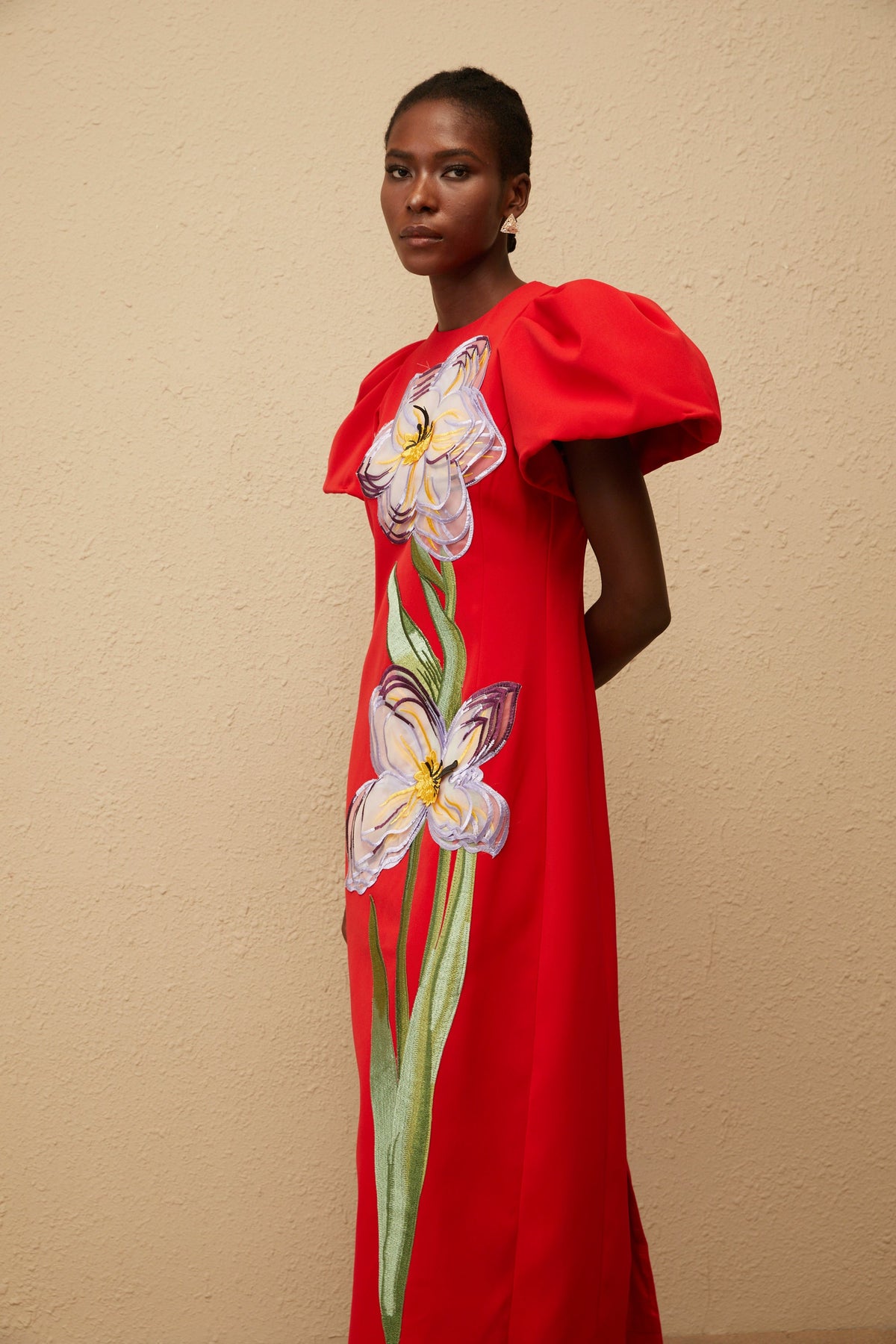 Irène Red Sequined Floral Embroidered Midi Dress