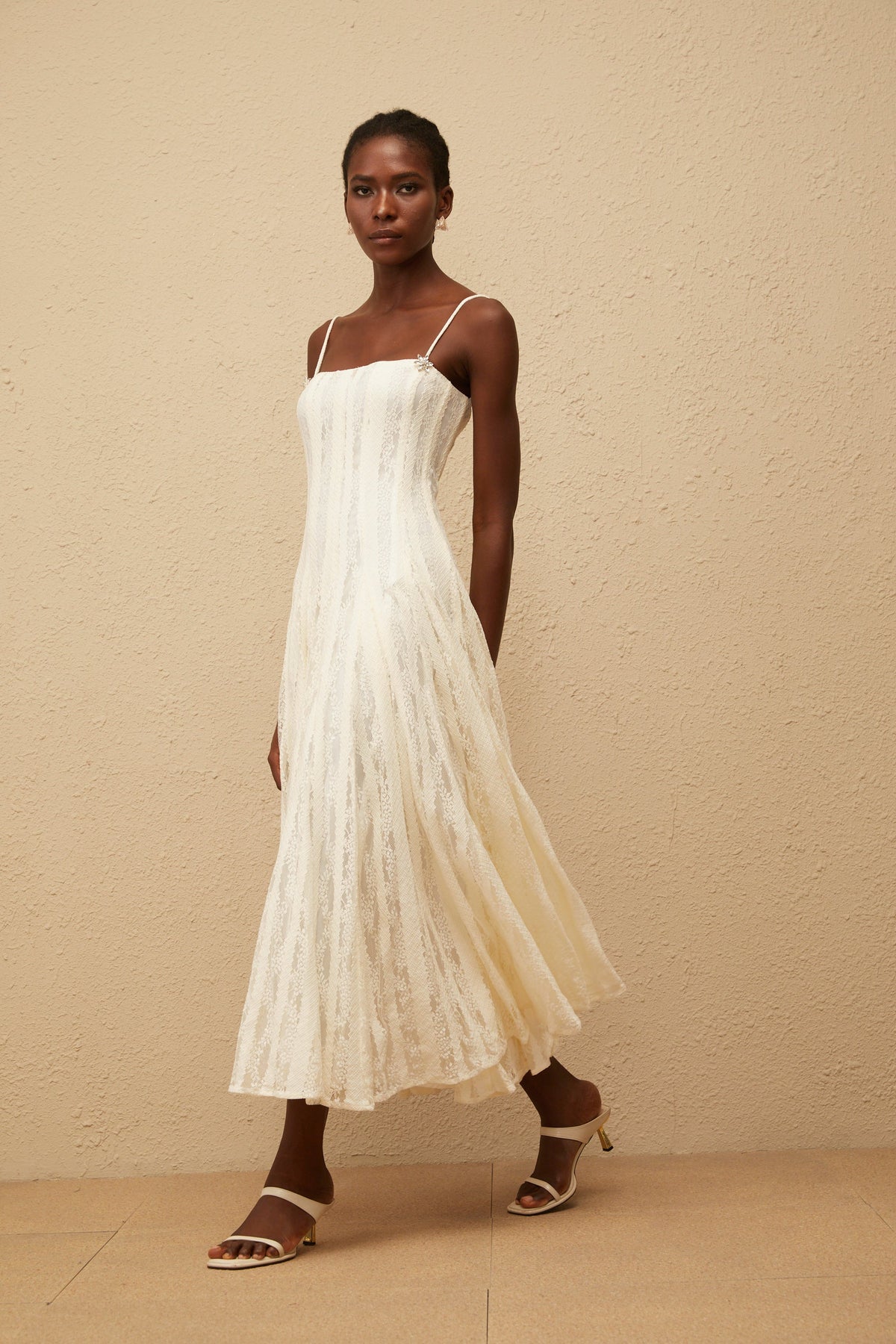 Coralie White Pleated Lace Midi Dress