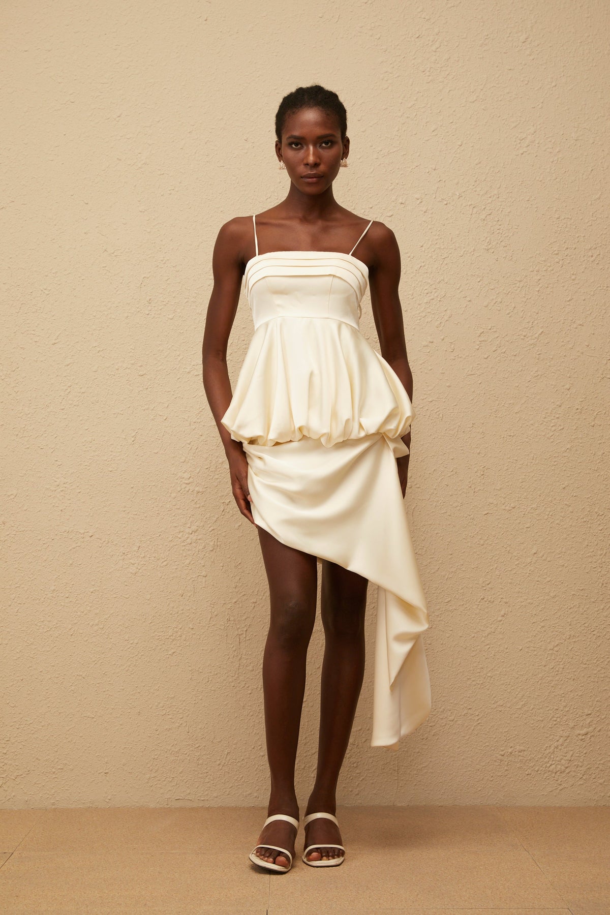 Opale Neutral Asymmetrical Satin Mini Dress