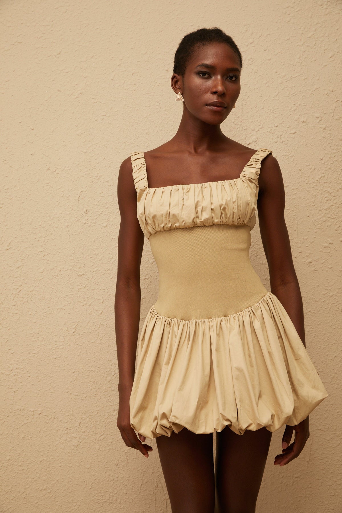 Sandrine Khaki Shirred Bubble Hem Mini Dress (Final Sale-US Only)