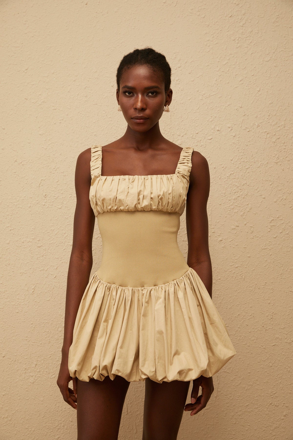 Sandrine Khaki Shirred Bubble Hem Mini Dress (Final Sale-US Only)