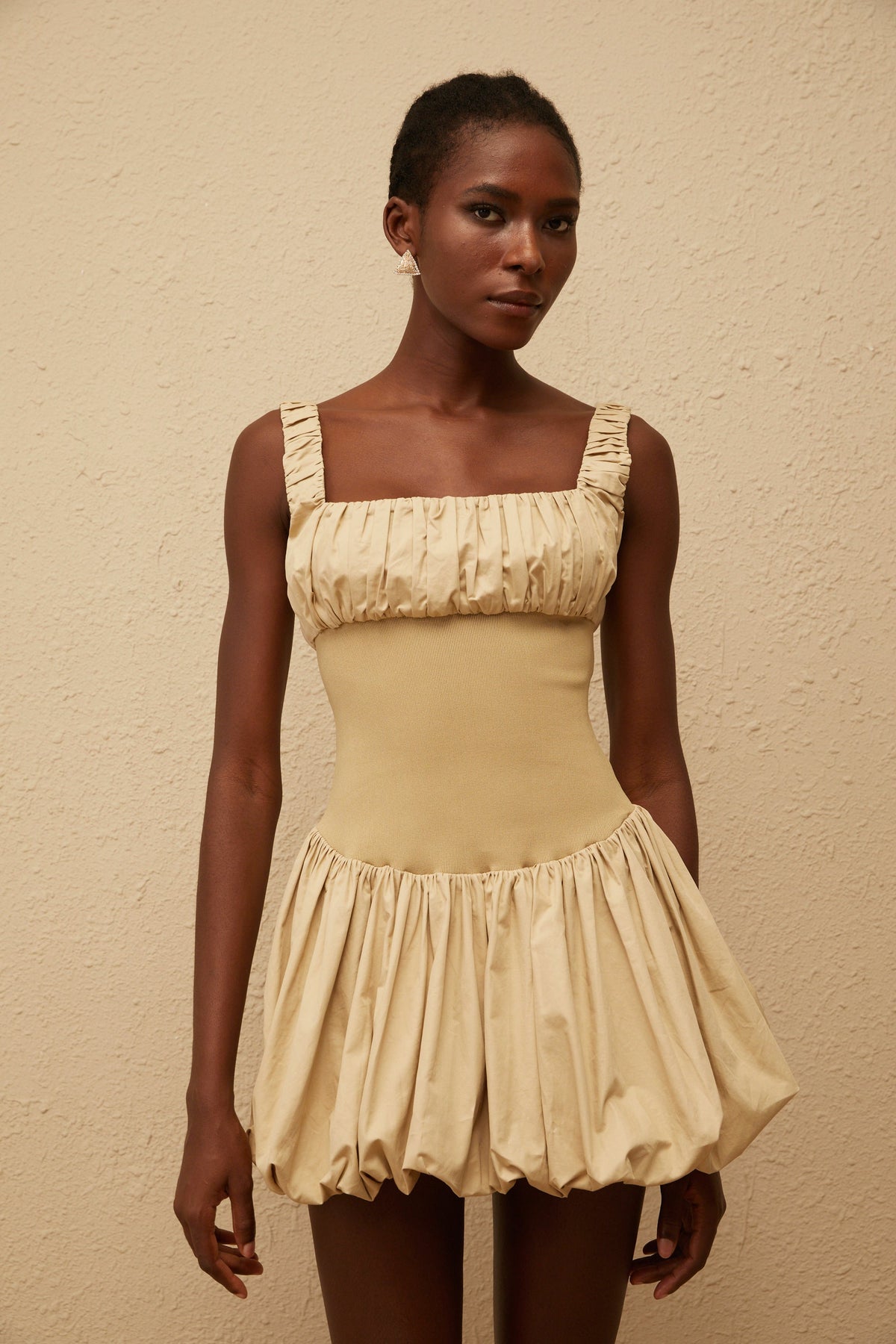 Sandrine Khaki Shirred Bubble Hem Mini Dress