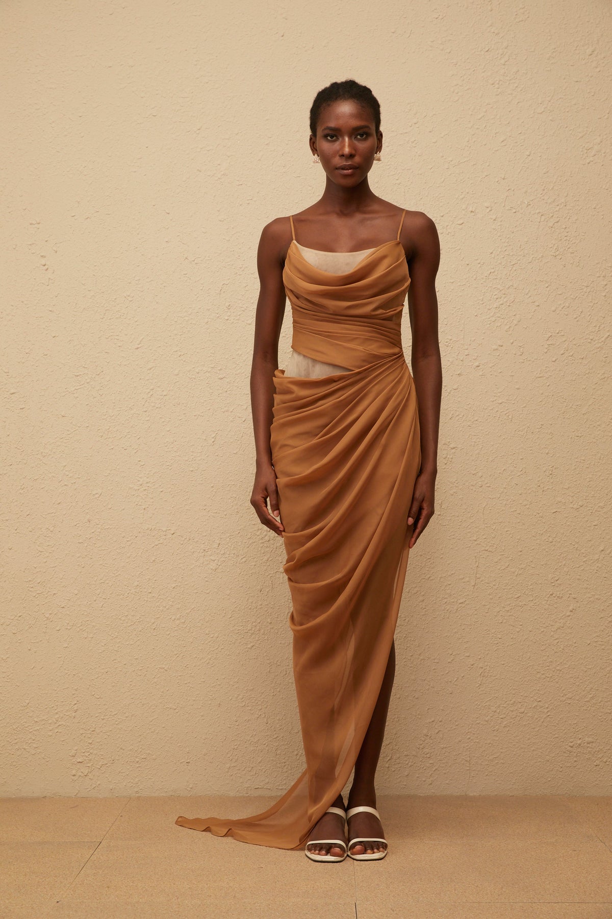Charisa Khaki Draped Chiffon Maxi Dress