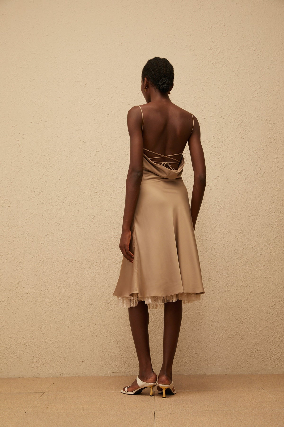 Ananias Khaki Lace Panel Satin Midi Dress (Final Sale)