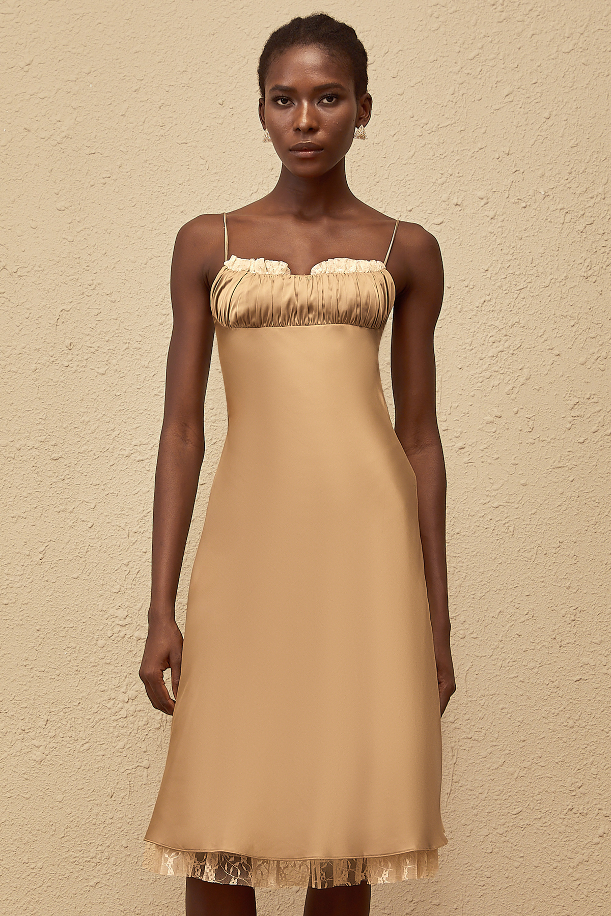 Ananias Khaki Lace Panel Satin Midi Dress