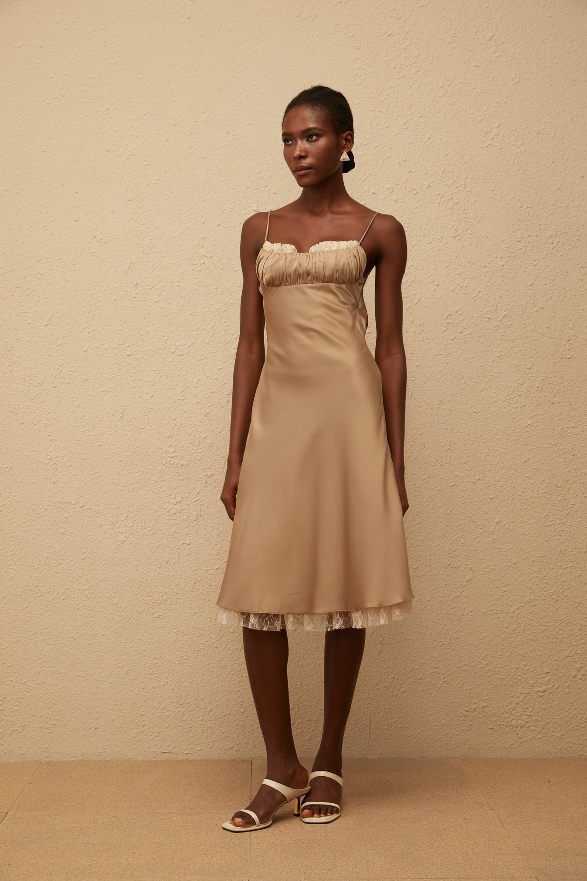 Ananias Khaki Lace Panel Satin Midi Dress (Final Sale)