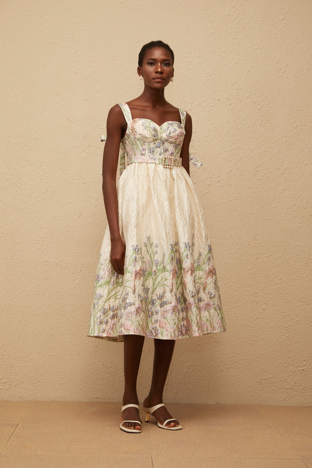 Inaya Neutral Jacquard Floral Midi Dress (Final Sale)