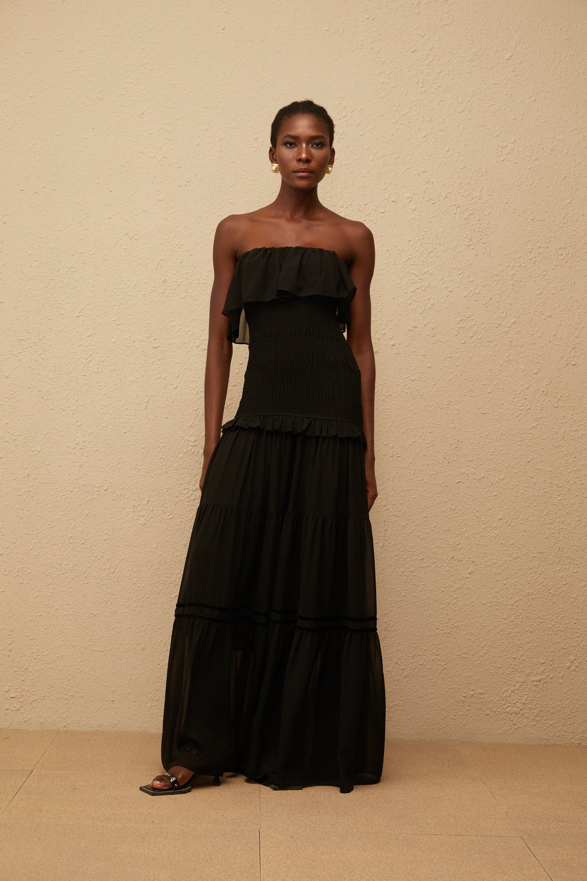 Karoliina Black Off-Shoulder Smocked Panel Maxi Dress