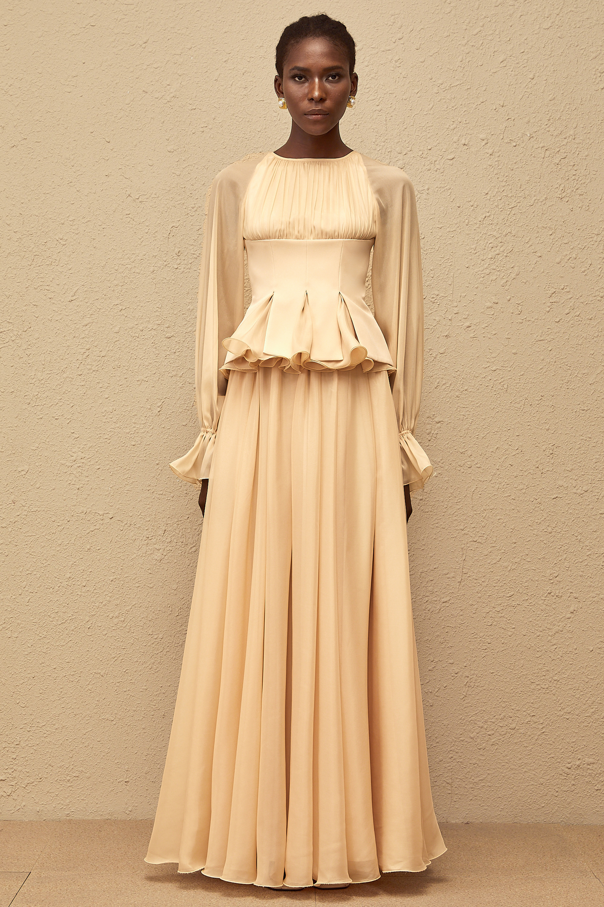 Zéphyrine Neutral Shirred Chiffon Blouse & Skirt Set