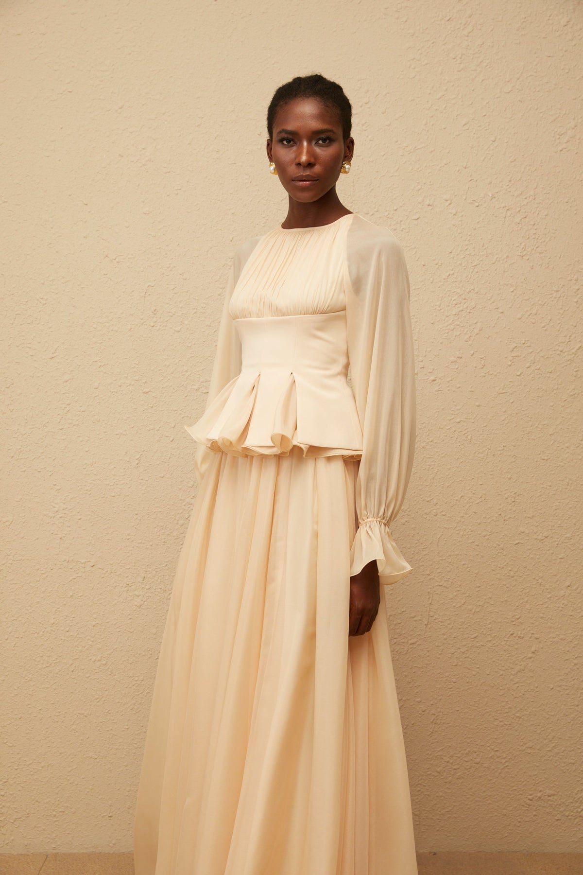Zéphyrine Neutral Shirred Chiffon Blouse & Skirt Set