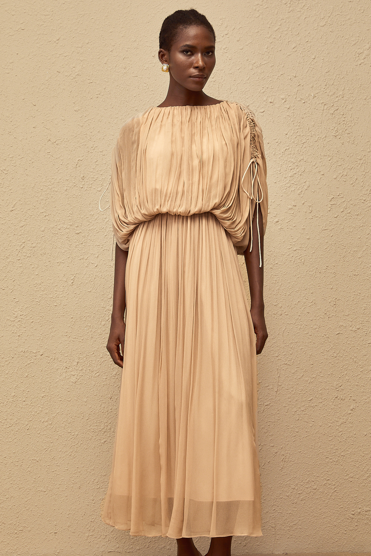 Charitina Neutral Fully Pleated Blouse & Skirt Set