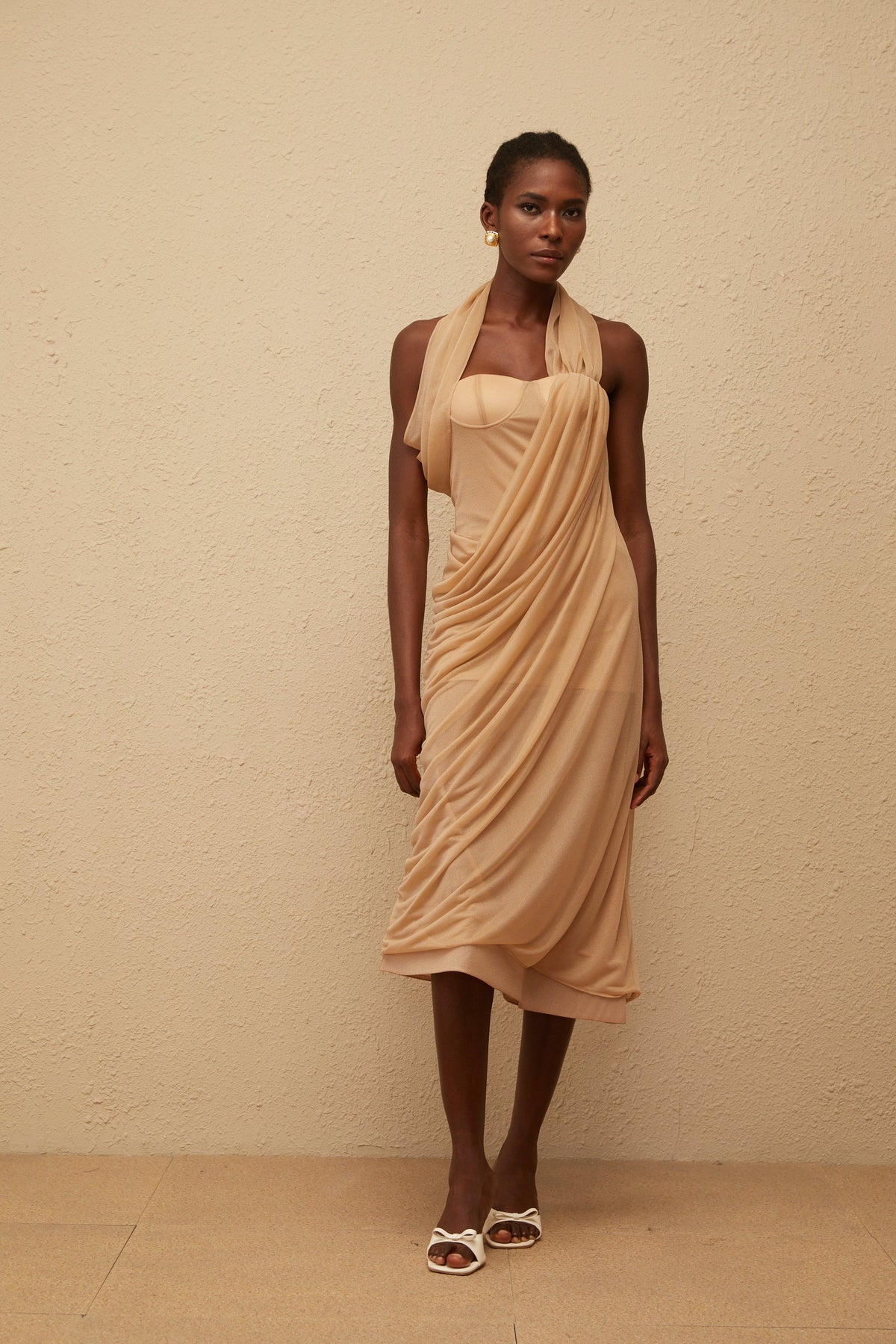 Mielikki Khaki Asymmetrical Tulle Panel Midi Dress