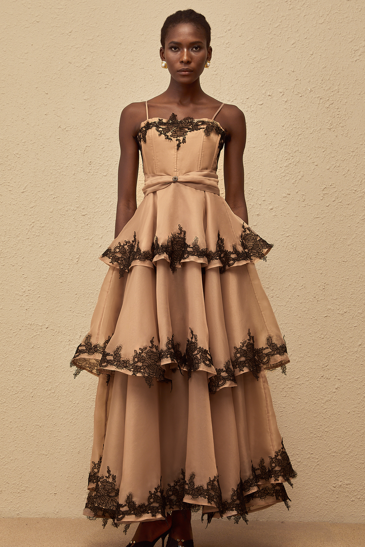 Frideborg Brown Tiered Tulle Maxi Dress