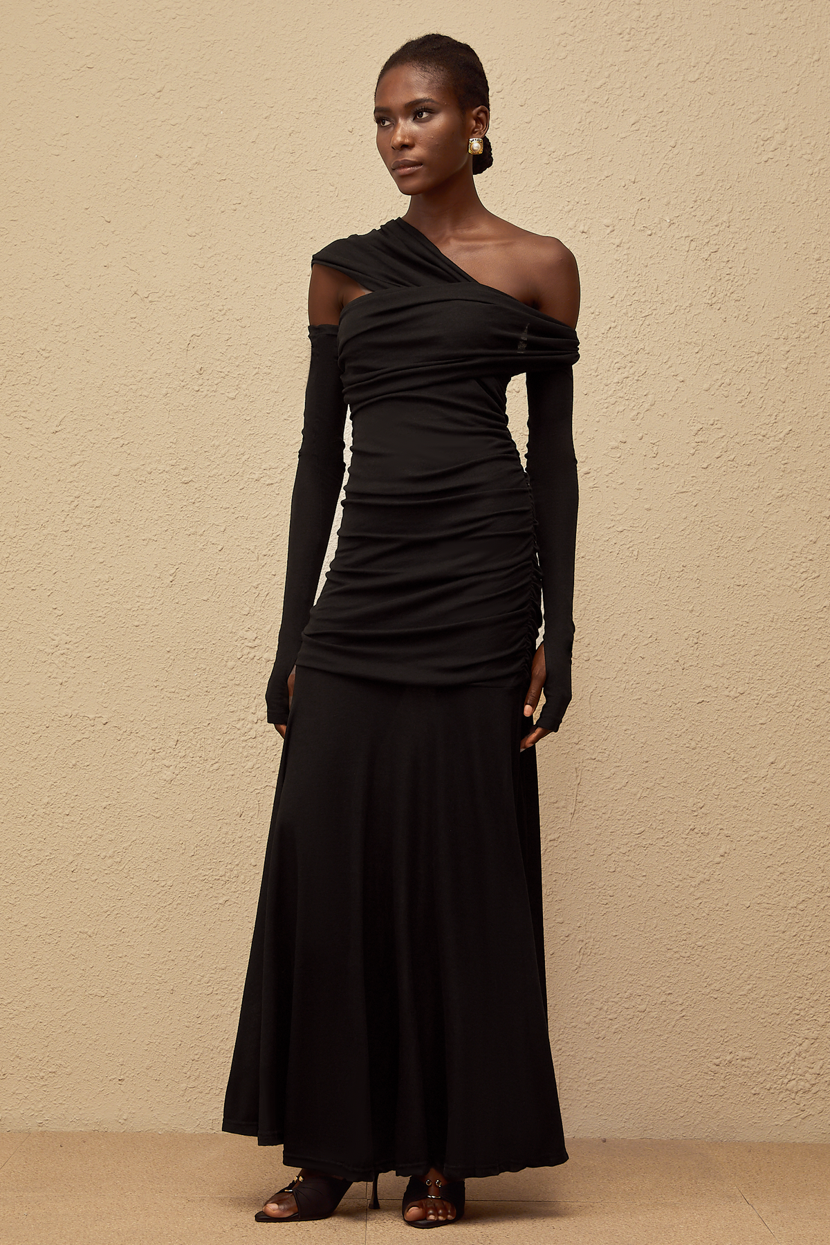 Aava Black Ruched Knit Maxi Dress