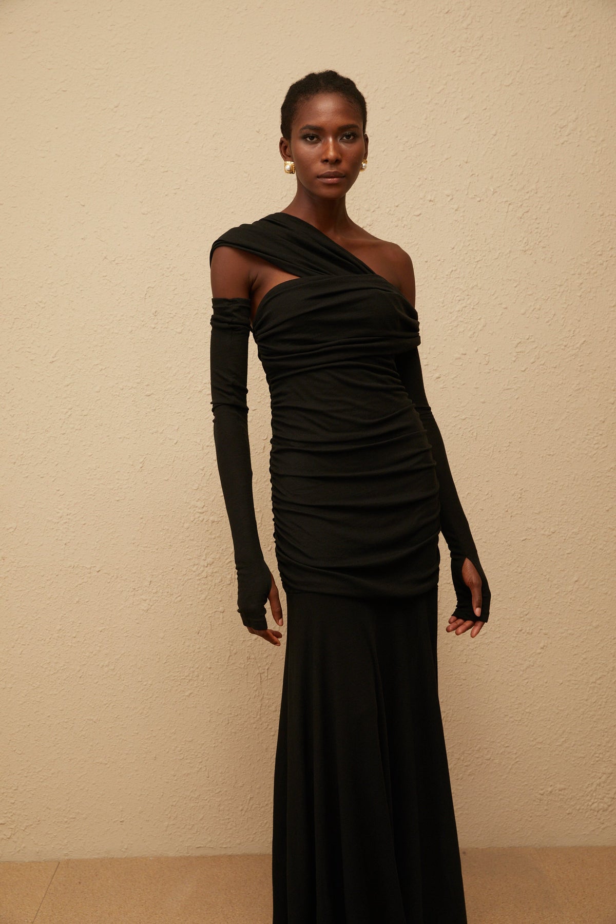 Aava Black Ruched Knit Maxi Dress