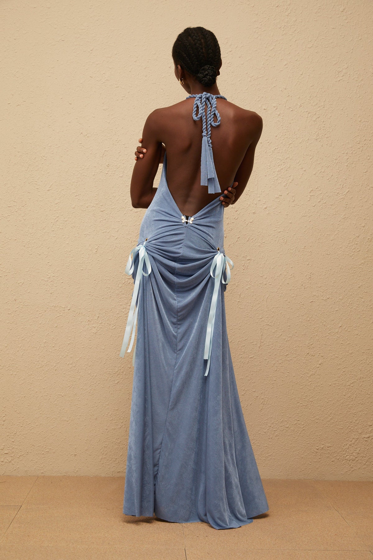 Adèle Blue Bowknot Velvet Maxi Dress (Final Sale)