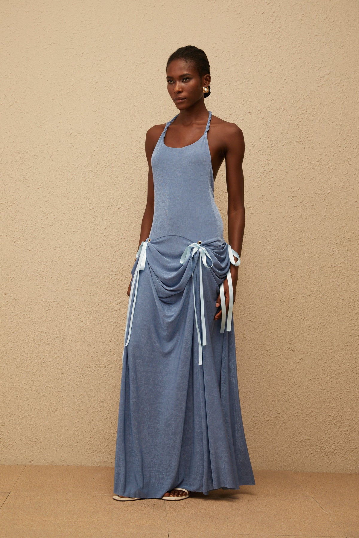 Adèle Blue Bowknot Velvet Maxi Dress (Final Sale)