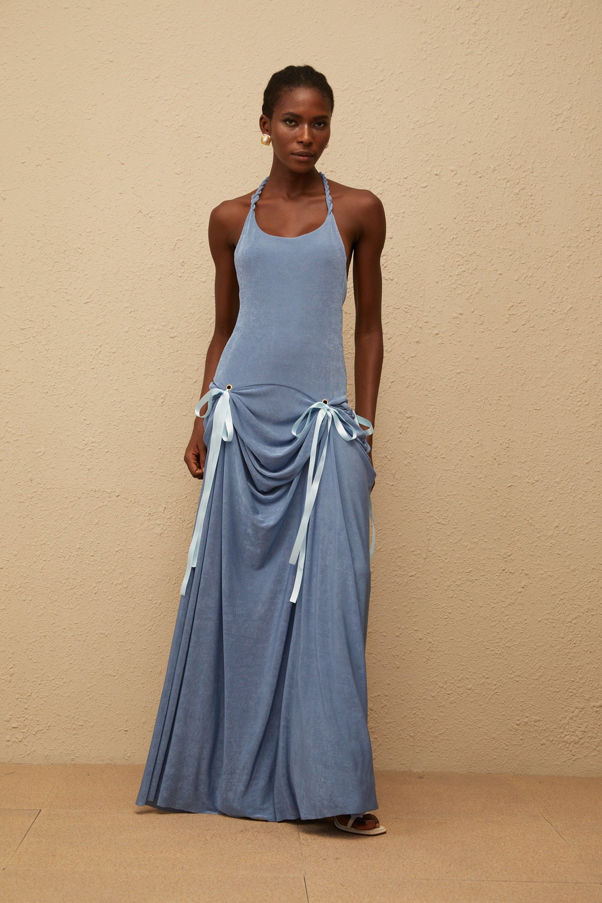 Adèle Blue Bowknot Velvet Maxi Dress (Final Sale-US Only)