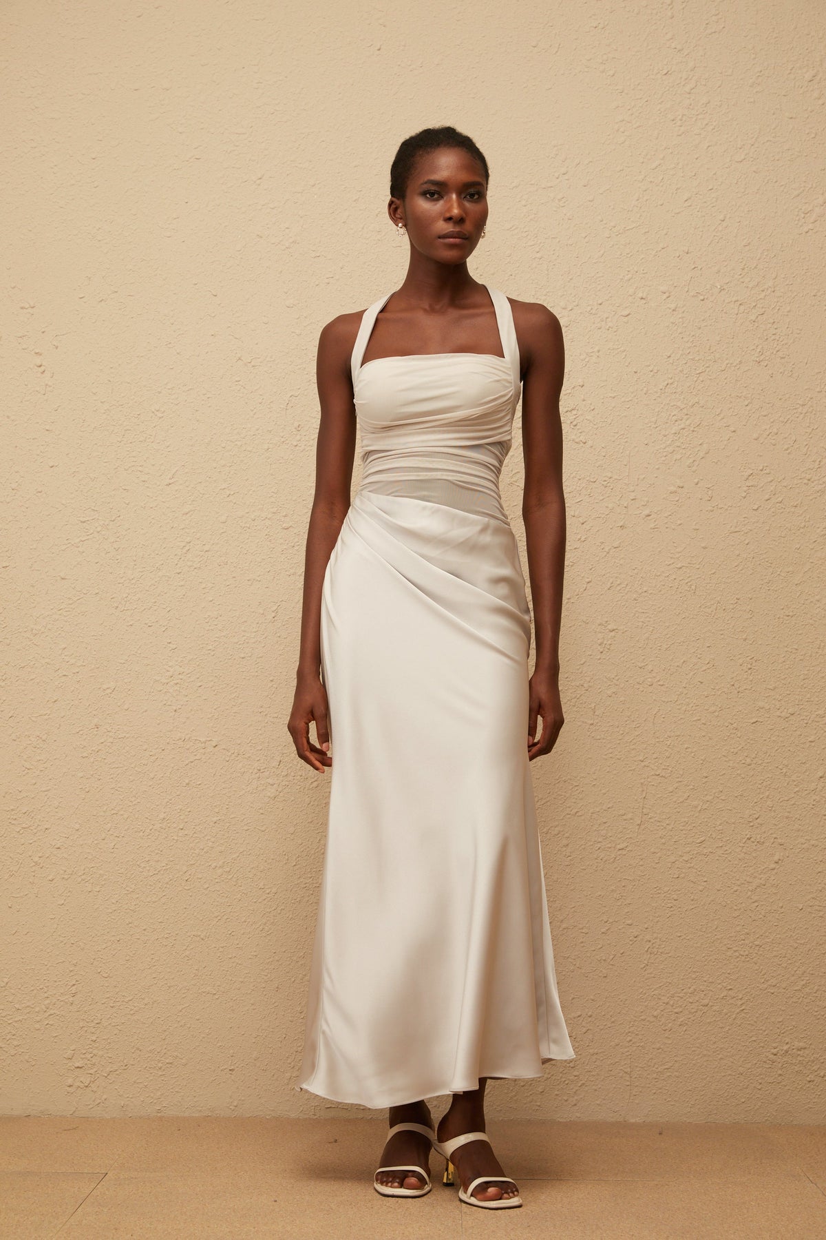 Taina Grey Mesh Panel Ruched Maxi Dress (Final Sale)