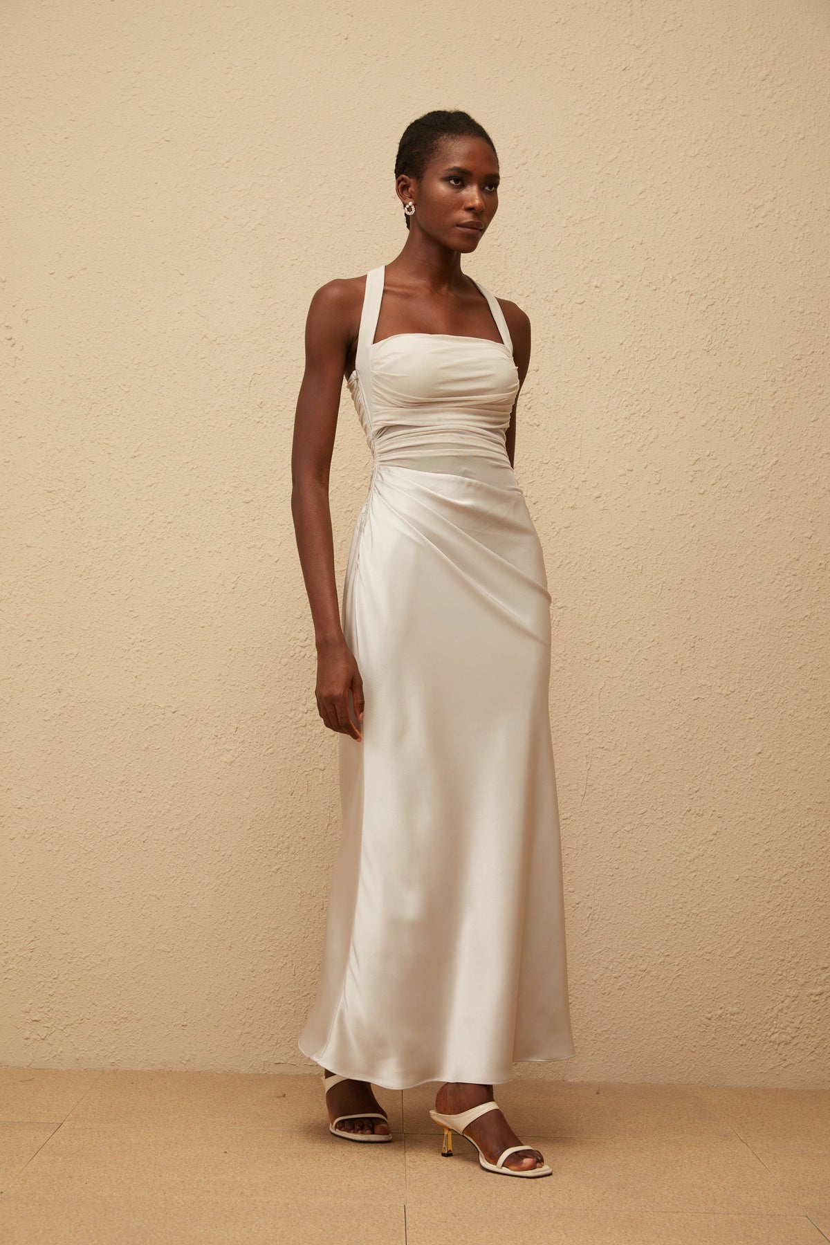 Taina Grey Mesh Panel Ruched Maxi Dress