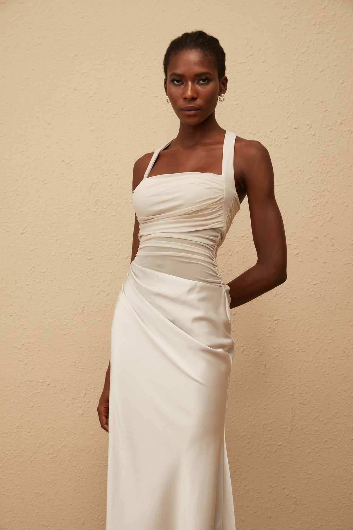 Taina Grey Mesh Panel Ruched Maxi Dress (Final Sale)