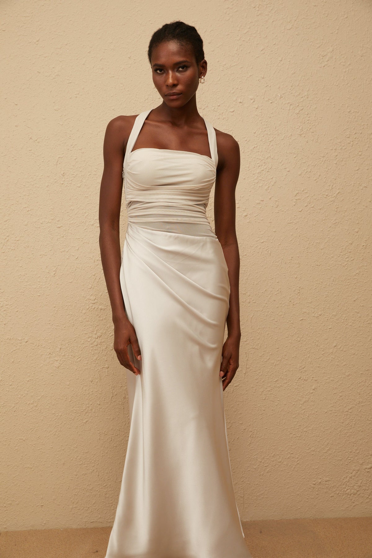 Taina Grey Mesh Panel Ruched Maxi Dress (Final Sale)