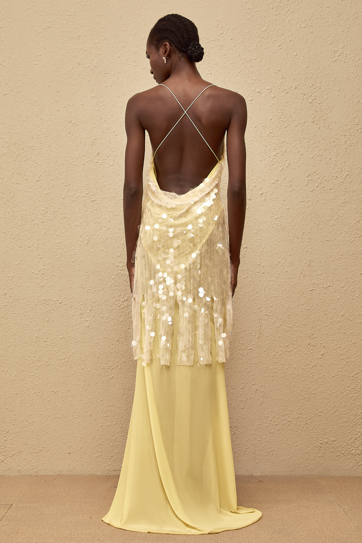 Joyau Yellow Sequin Mesh Maxi Dress