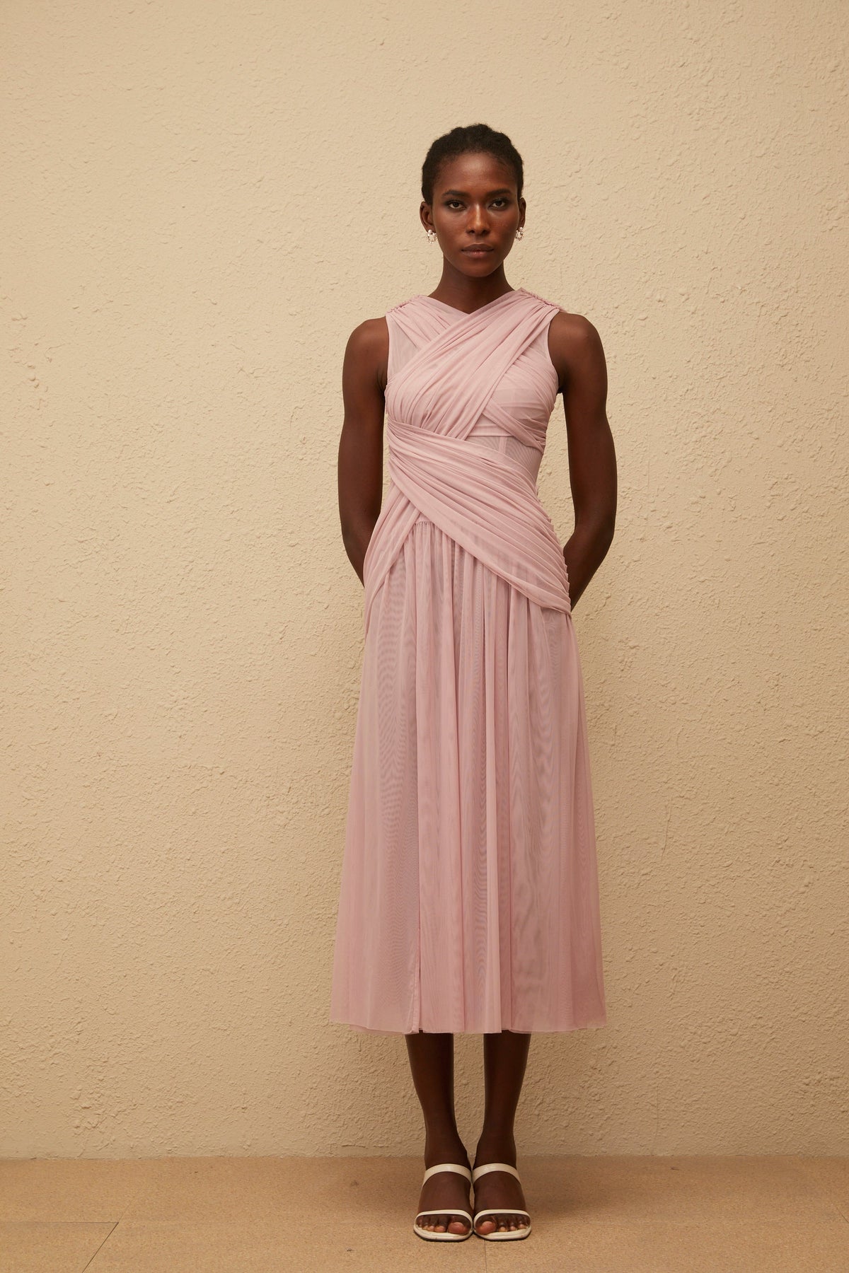 Sérénité Lilac Cross-Over Mesh Midi Dress