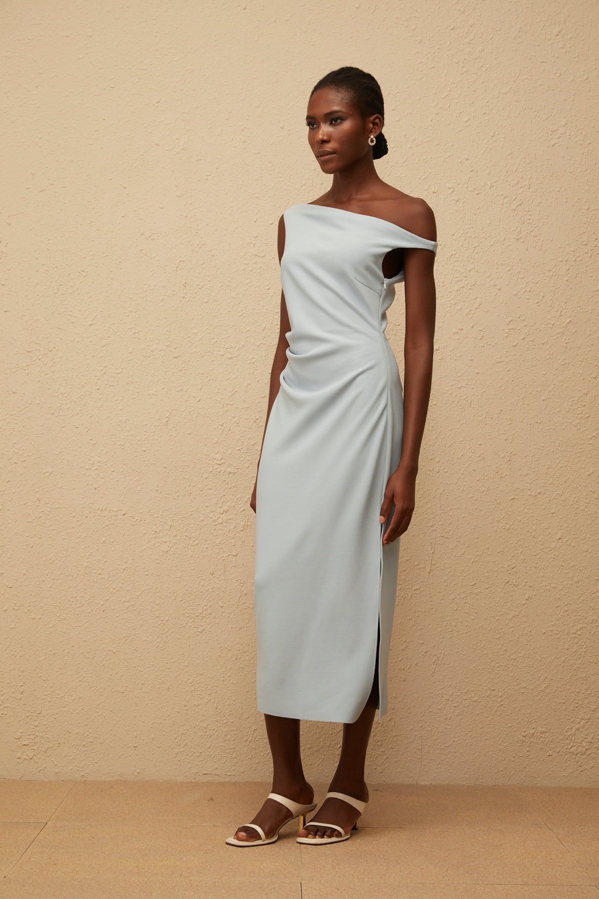 Dagny Blue One Shoulder Gathered Midi Dress (Final Sale)