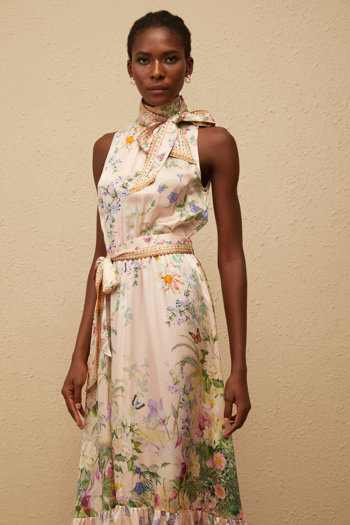 Madeleine Neutral Floral Print Satin Maxi Dress
