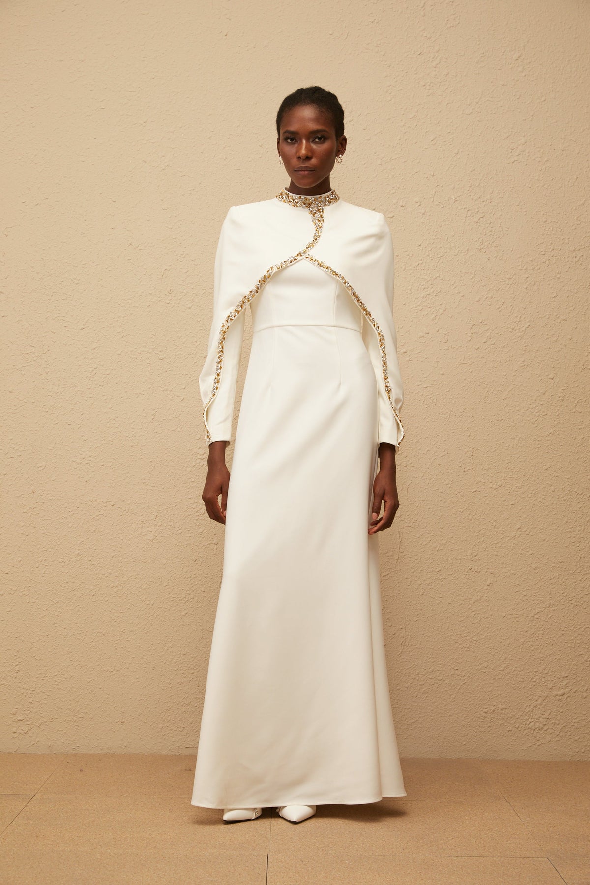 Lune White Embellished Shawl Design Gown (Final Sale)