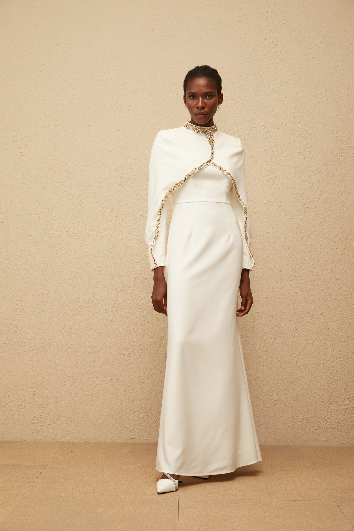 Lune White Embellished Shawl Design Gown (Final Sale)