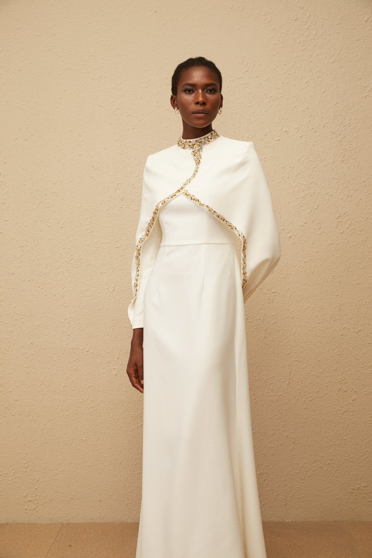 Lune White Embellished Shawl Design Gown (Final Sale)