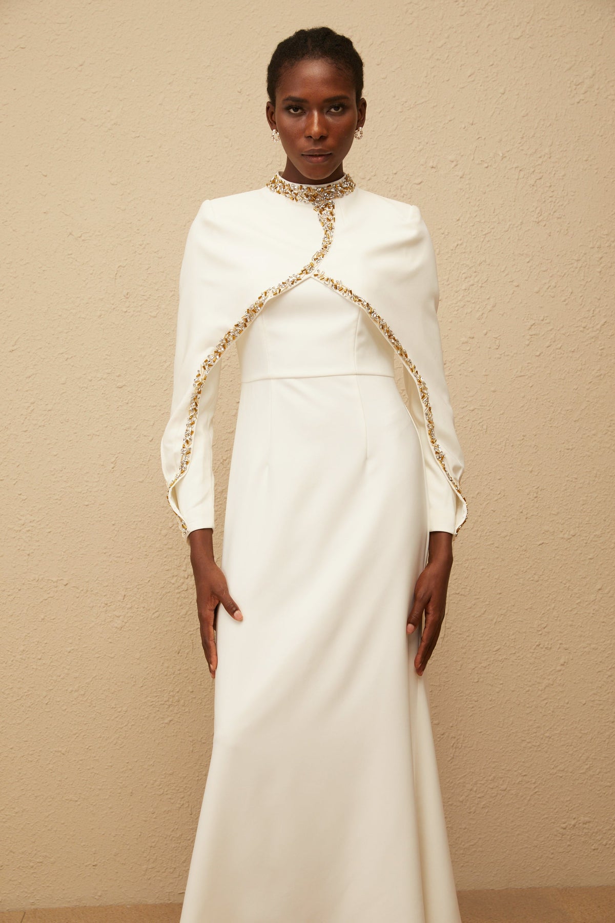 Lune White Embellished Shawl Design Gown