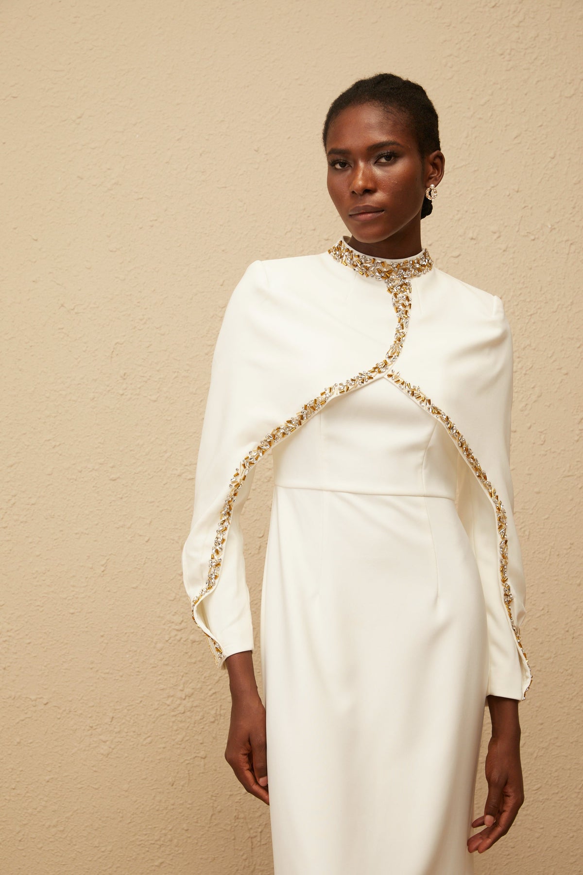 Lune White Embellished Shawl Design Gown (Final Sale)
