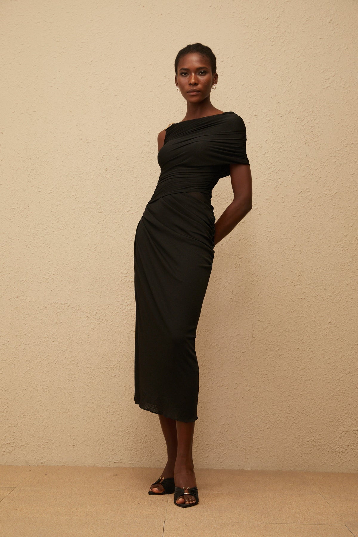 Latika Black One Shoulder Gathered Midi Dress