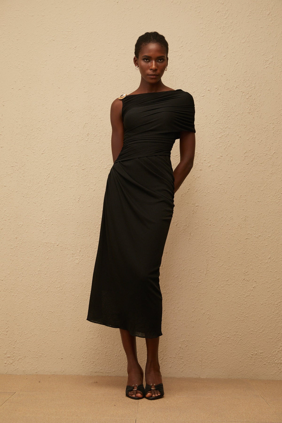 Latika Black One Shoulder Gathered Midi Dress