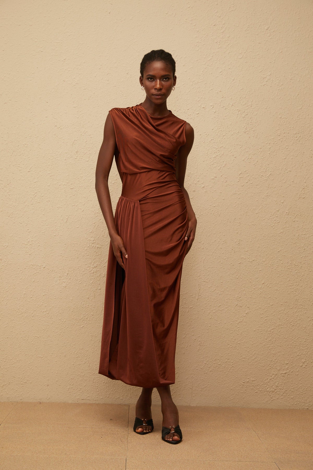 Reine Brown Asymmetrical Ruched Maxi Dress (Final Sale-US Only)