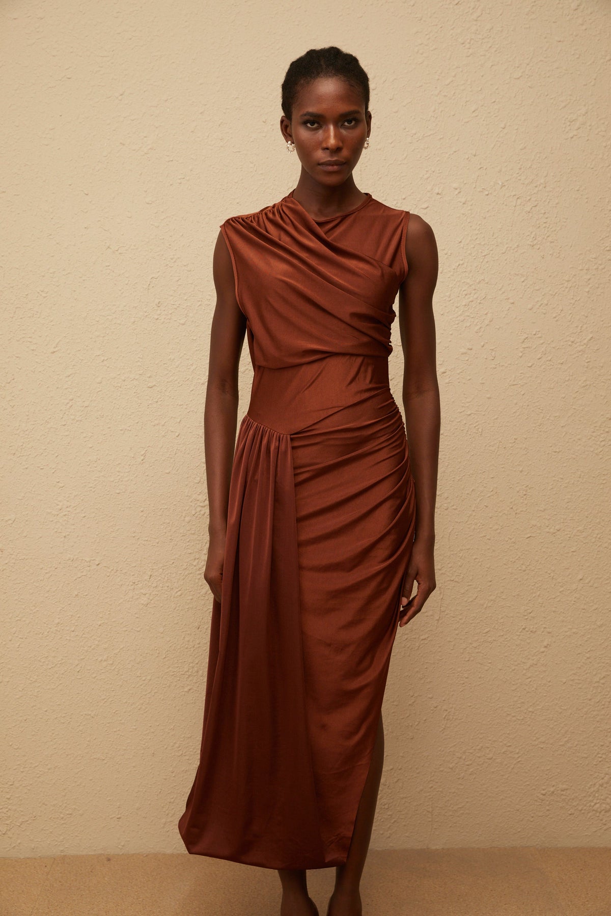 Reine Brown Asymmetrical Ruched Maxi Dress