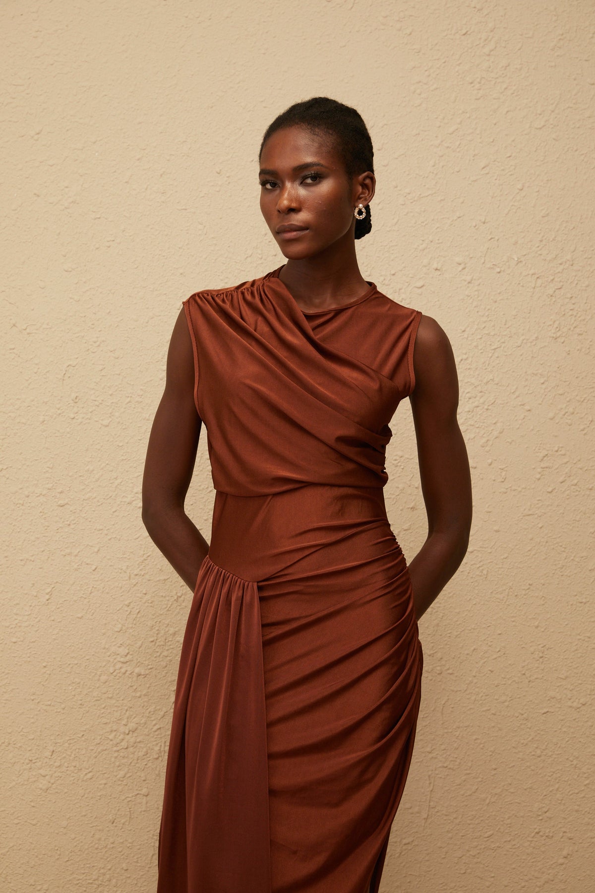 Reine Brown Asymmetrical Ruched Maxi Dress (Final Sale-US Only)