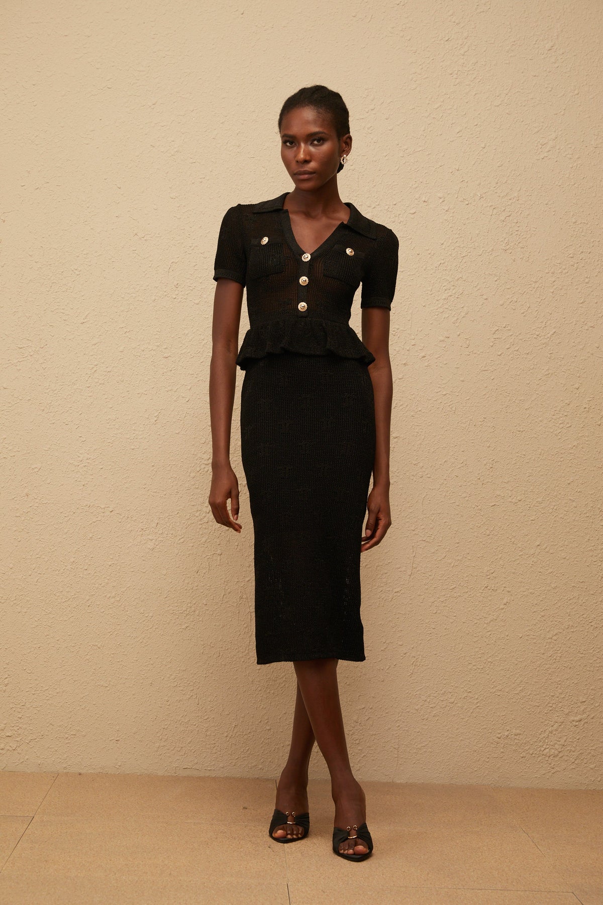 Theodora Black Crochet Knit Midi Dress