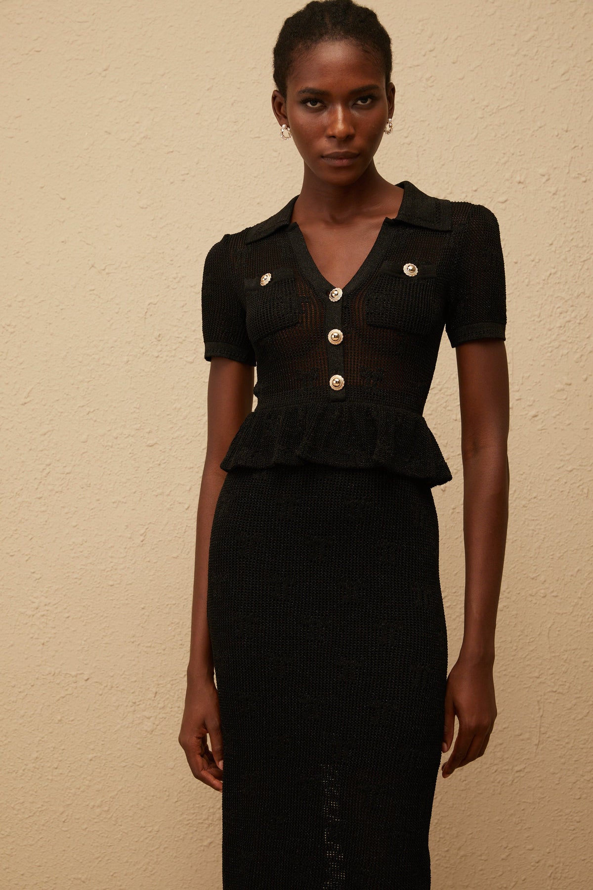 Theodora Black Crochet Knit Midi Dress