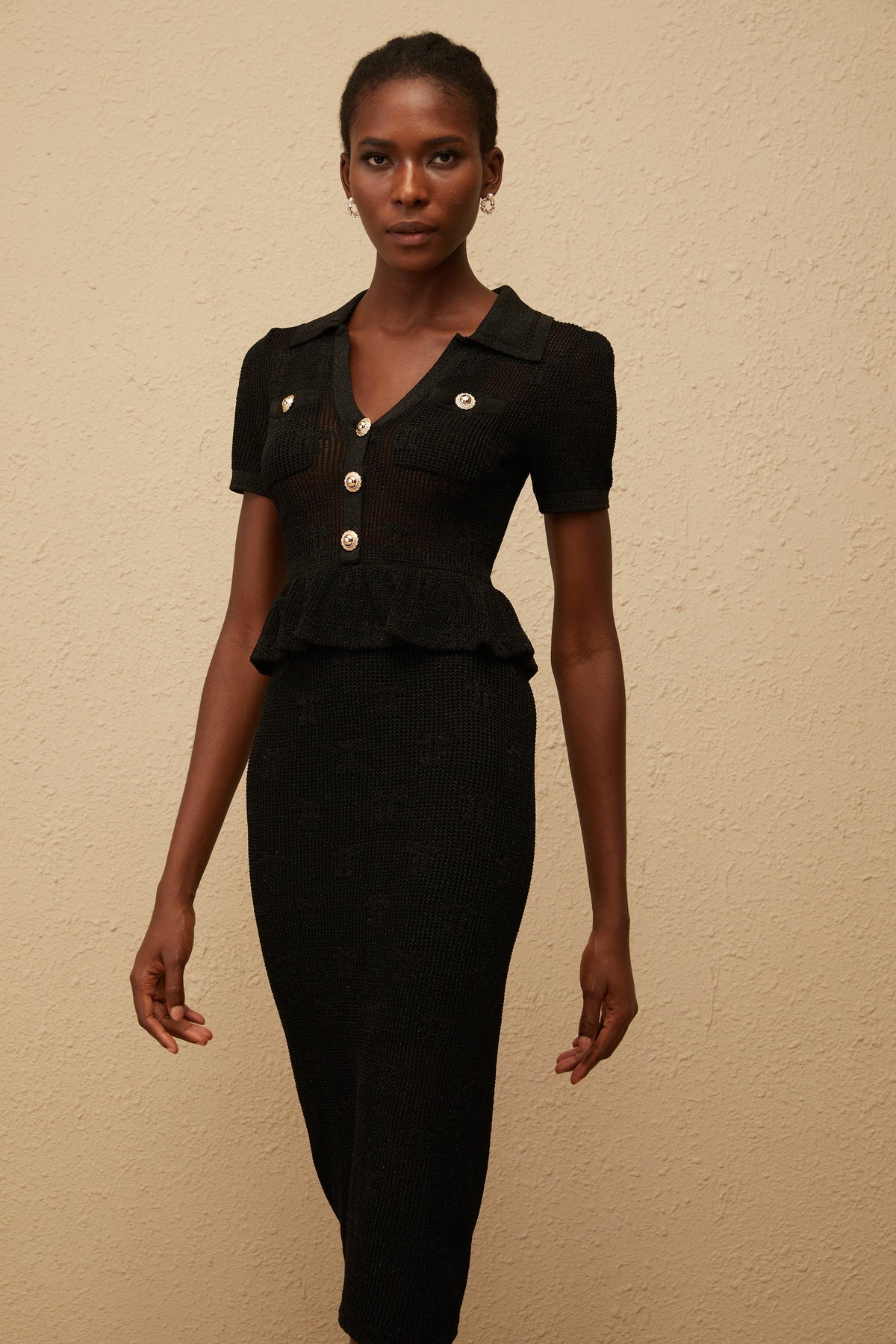 Theodora Black Crochet Knit Midi Dress