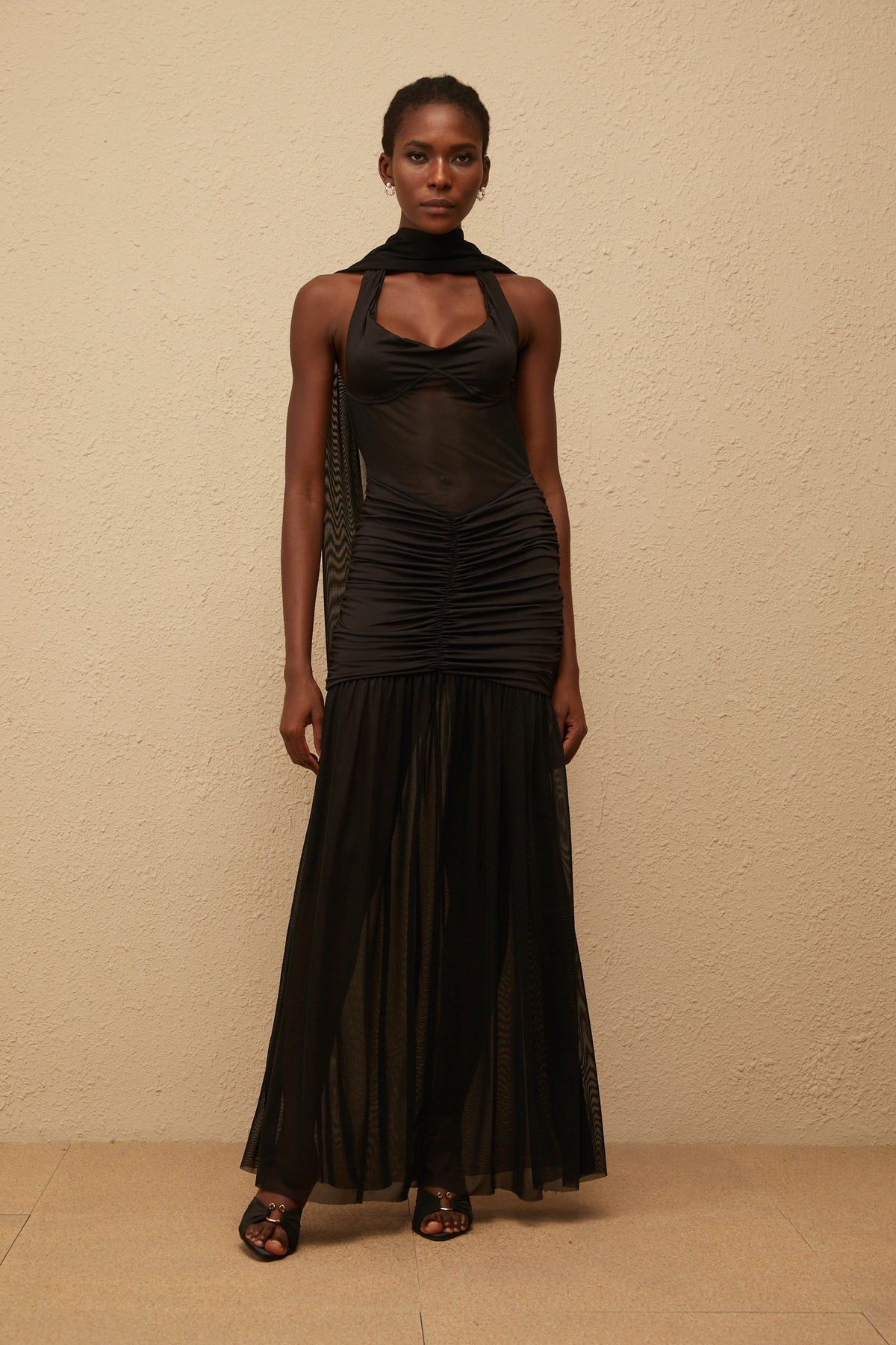Léana Black Mesh Panel Ruched Maxi Dress