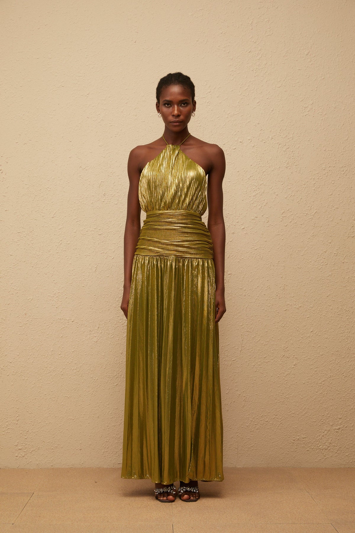 Alchimie Green Glossy Pleated Maxi Dress
